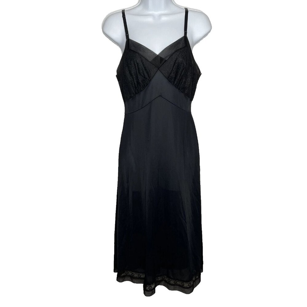 Vintage 50s Gotham Gold Stripe Black Satin Nylon Mesh Lace Midi Slip Dress